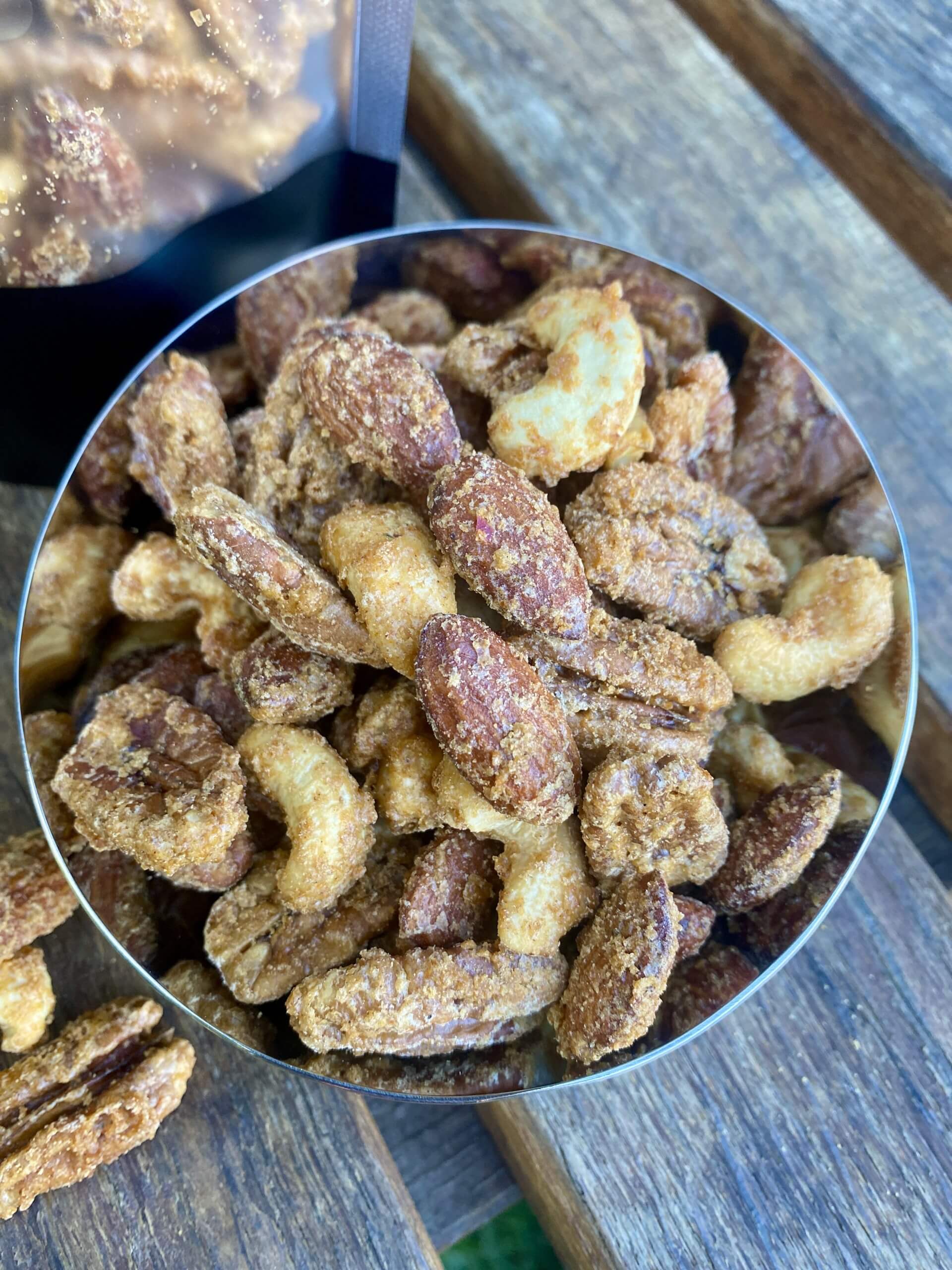 Gourmet mixed nuts with Texas Hold'em candied coating - almonds, pecans and cashews