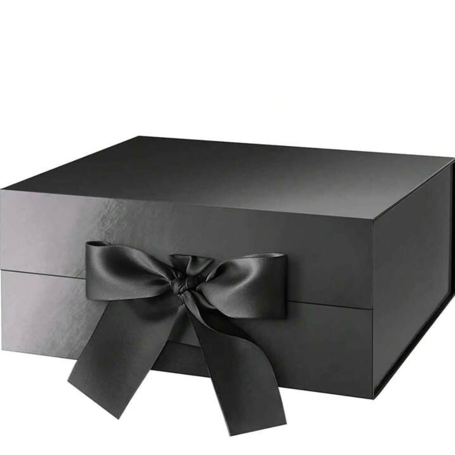 Black gift box with a satin ribbon on a white background